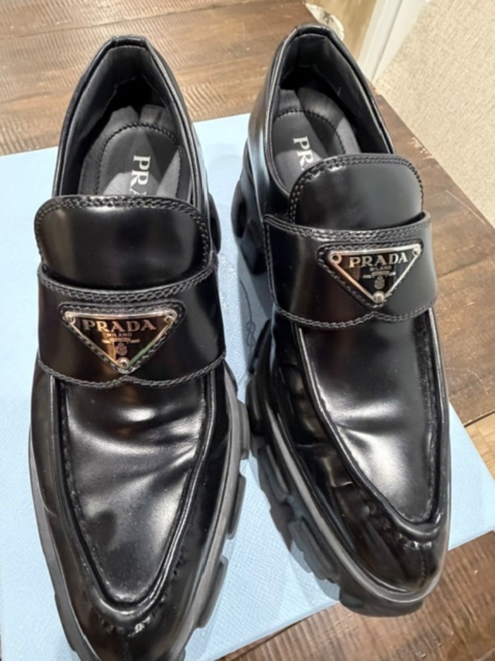 Prada Black Leather Monolith Logo Loafers - Picture 11 of 13